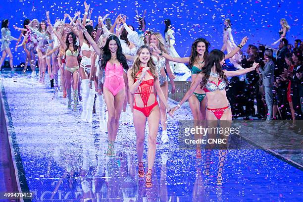 Victoria's Secret Fashion Show -- Pictured: Models Behati Prinsloo, and Lily Aldridge, who wears the Fantasy Bra valued at $2 million lead the models...