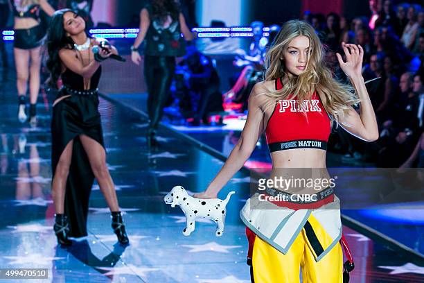 Victoria's Secret Fashion Show -- Pictured: Model Gigi Hadid walks the runway while Selena Gomez performs at the 2015 Victoria's Secret Fashion Show...