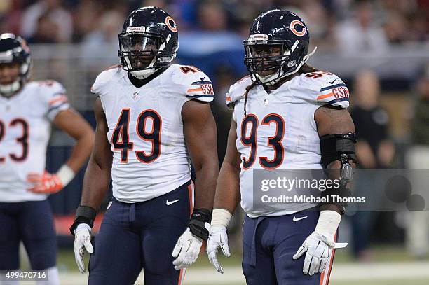 Will Sutton and Sam Acho both of the Chicago Bears during a game against the St. Louis Rams at the Edward Jones Dome on November 15, 2015 in St....