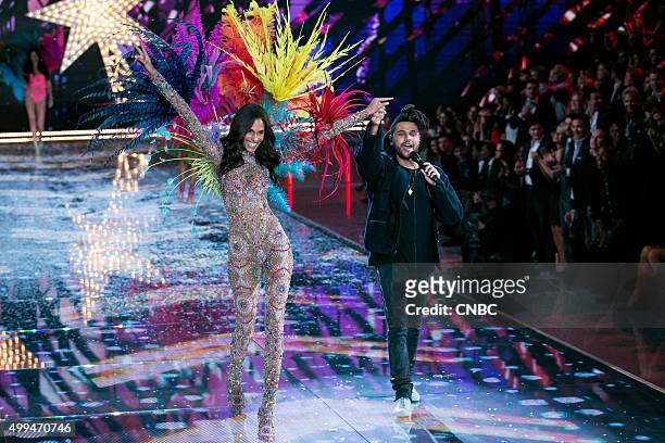 Victoria's Secret Fashion Show -- Pictured: Model Cindy Bruna walks the runway while The Weeknd performs during the 2015 Victoria's Secret Fashion...