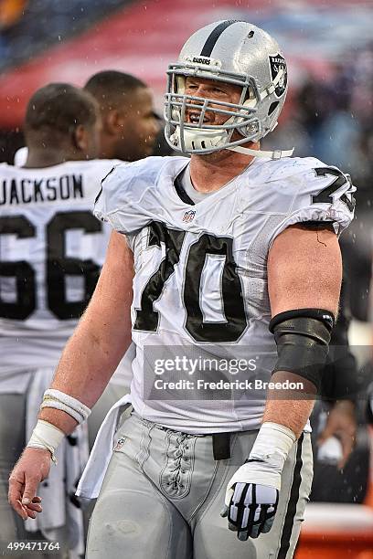 Tony Bergstrom of the Oakland Raiders watches from the sideline during a game against the Tennessee Titans at Nissan Stadium on November 29, 2015 in...