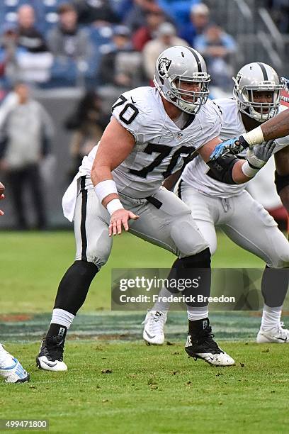 Tony Bergstrom of the Oakland Raiders plays against the Tennessee Titans at Nissan Stadium on November 29, 2015 in Nashville, Tennessee.