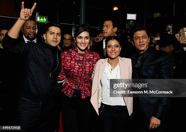Varun Dhawan, Kriti Sanon, Kajol and Shah Rukh Khan attend Photocall for Bollywood film "Dilwale" at Cineworld Feltham on December 1, 2015 in...