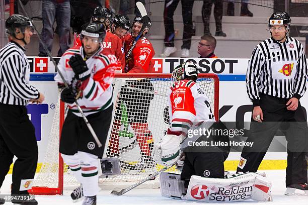 Happy Christopher Mastomaki of Lulea Hockey Lucas Wallmark of Lulea Hockey Johan Harju of Lulea Hockey during the Champions Hockey League quarter...