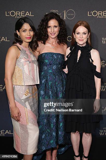 Actresses Freida Pinto, Andie MacDowell, and Julianne Moore attend the L'Oreal Paris Women of Worth 2015 Celebration - Arrivals at The Pierre Hotel...