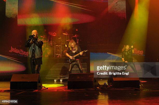 Ross Halford,Glenn Tilton and Ian Hill of Judas Priest peforms at O2 Academy Brixton on December 1, 2015 in London, England.