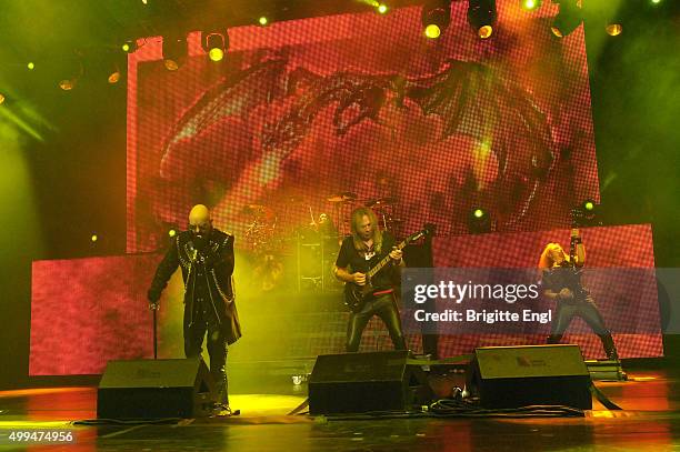 Ross Halford,Glenn Tilton,Ian Hill of Judas Priest peforms at O2 Academy Brixton on December 1, 2015 in London, England.