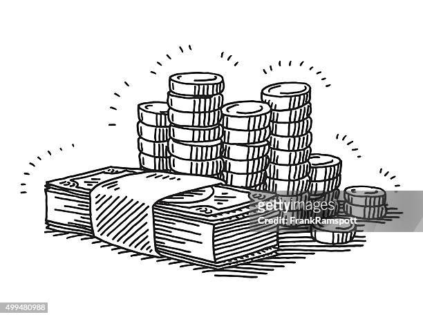 money banknotes and coins drawing - banknote illustration stock illustrations