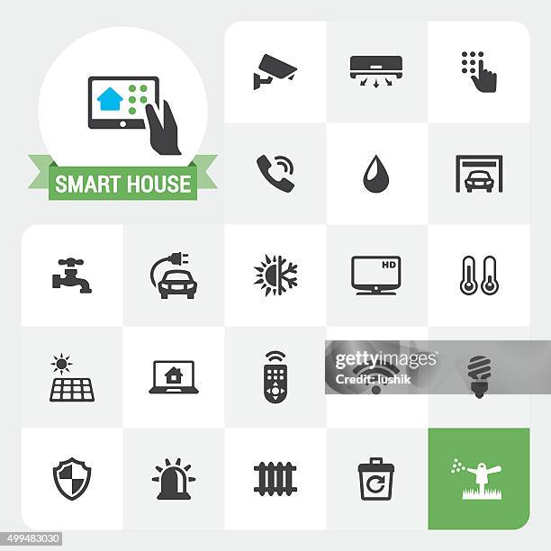 smart house base vector icons and label - smart home light stock illustrations