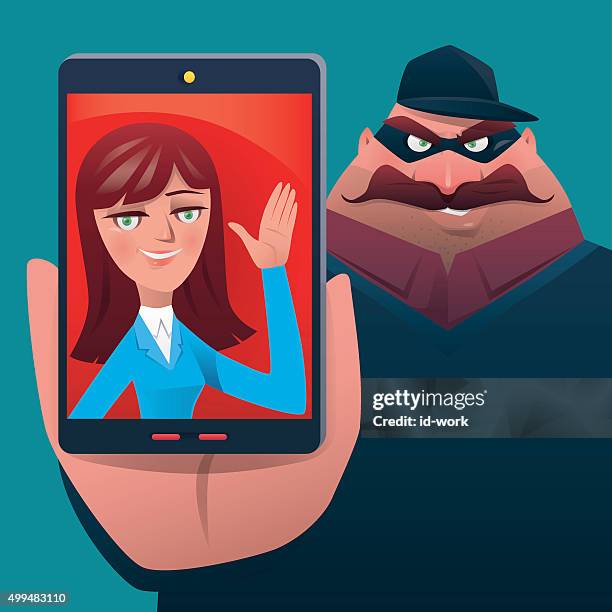 thief with cell phone - android malware stock illustrations