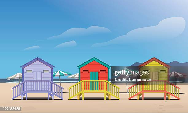 ilustraciones, imágenes clip art, dibujos animados e iconos de stock de verano playa, cabañas - beach hut