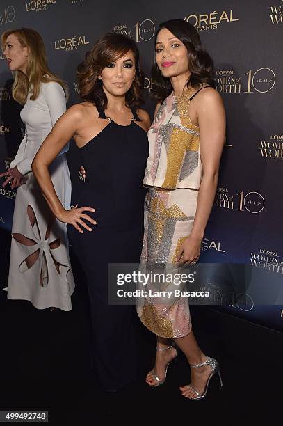 Actors Eva Longoria and Freida Pinto attend the L'Oreal Paris Women of Worth 2015 Celebration - Arrivals at The Pierre Hotel on December 1, 2015 in...