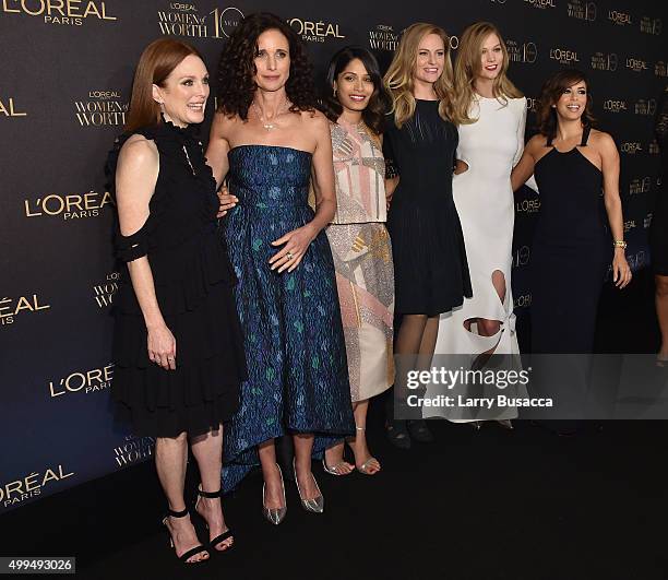Julianne Moore, Andie MacDowell, Freida Pinto, Aimee Mullins, Karlie Kloss and Eva Longoria attend the L'Oreal Paris Women of Worth 2015 Celebration...