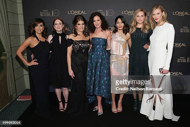 Eva Longoria, Julianne Moore, Karen T. Fondu, Andie MacDowell, Freida Pinto, Aimee Mullins, and Karlie Kloss attend the L'Oreal Paris Women of Worth...