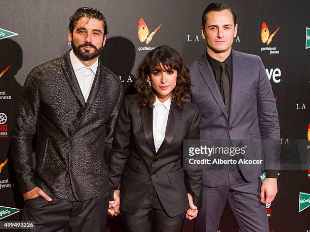 Asier Etxeandia, Inma Cuesta and Alex Garcia attend 'La Novia' Madrid Premiere on December 1, 2015 in Madrid, Spain.