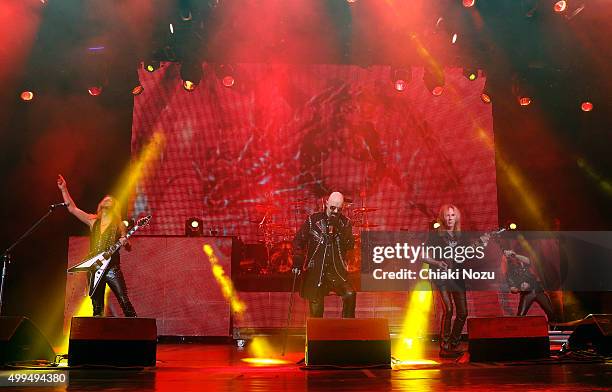 Richie Faulkner, Rob Halford, Glen Tipton and Ian Hill of Judas Priest perform at O2 Academy Brixton on December 1, 2015 in London, England.