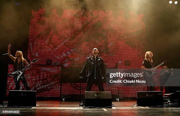 Richie Faulkner, Rob Halford, Glen Tipton and Ian Hill of Judas Priest perform at O2 Academy Brixton on December 1, 2015 in London, England.