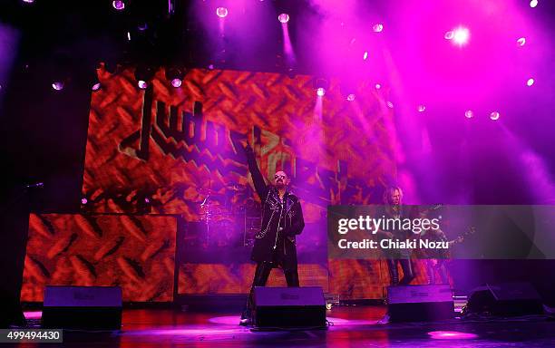 Rob Halford, Glenn Tipton and Ian Hill of Judas Priest perform at O2 Academy Brixton on December 1, 2015 in London, England.