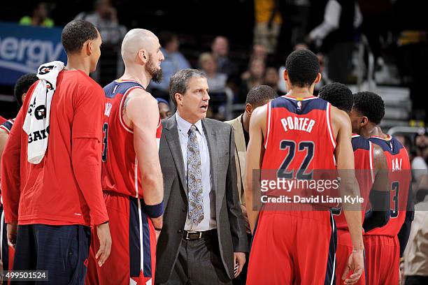 Head coach Randy Wittman of the Washington Wizards talks with his team during the game against the Cleveland Cavaliers on December 1, 2015 at Quicken...