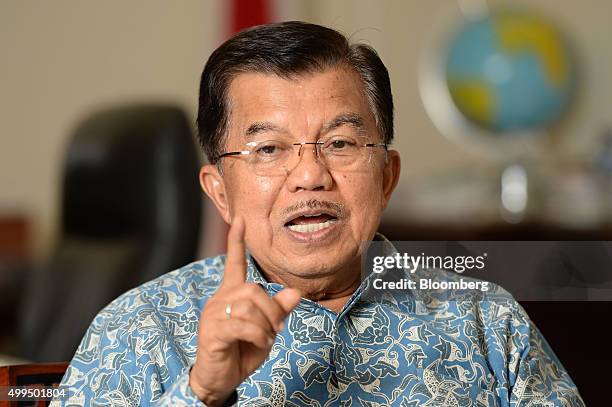 Jusuf Kalla, Indonesia's vice president, gestures as he speaks during an interview at his office in Jakarta, Indonesia, on Tuesday, Dec. 1, 2015....