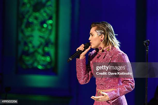 Musician Miley Cyrus performs on stage at the ONE Campaign and s concert to mark World AIDS Day, celebrate the incredible progress thats been made...