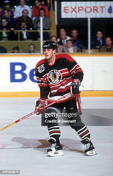 Brian Noonan of the Chicago Blackhawks skates on the ice during an NHL game against the Toronto Maple Leafs on November 16, 1991 at the Maple Leaf...