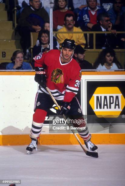 Stephane Matteau of the Chicago Blackhawks skates on the ice during an NHL game against the Toronto Maple Leafs on November 13, 1993 at the Maple...