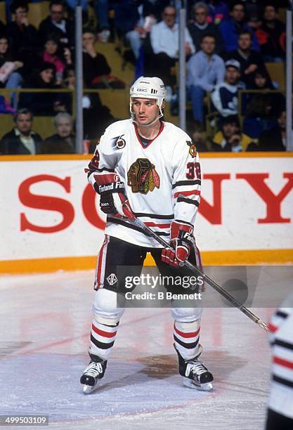 Stephane Matteau of the Chicago Blackhawks skates on the ice during an NHL game against the Toronto Maple Leafs on March 21, 1992 at the Maple Leaf...