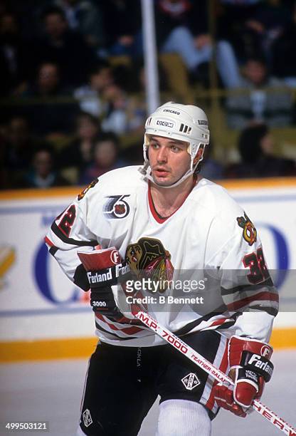Stephane Matteau of the Chicago Blackhawks skates on the ice during an NHL game against the Toronto Maple Leafs on March 21, 1992 at the Maple Leaf...