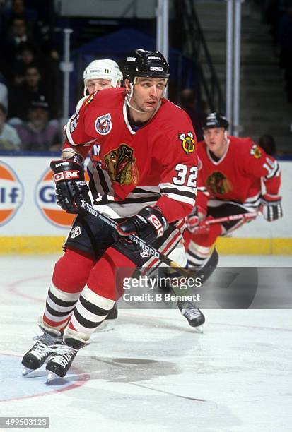 Stephane Matteau of the Chicago Blackhawks skates on the ice during an NHL game against the New York Islanders on April 8, 1993 at the Nassau...