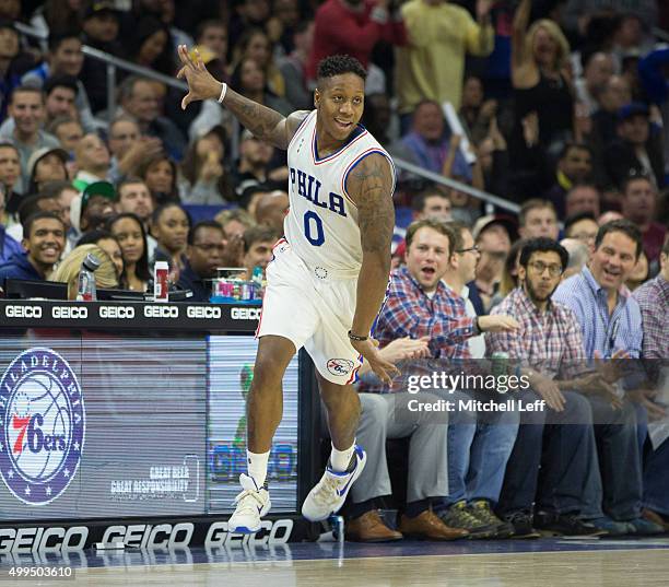 Isaiah Canaan of the Philadelphia 76ers reacts after a made basket in the game against the Los Angeles Lakers on December 1, 2015 at the Wells Fargo...