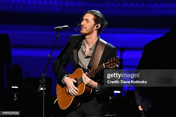 Musician Hozier performs onstage during the ONE Campaign and s concert to mark World AIDS Day, celebrate the incredible progress thats been made in...