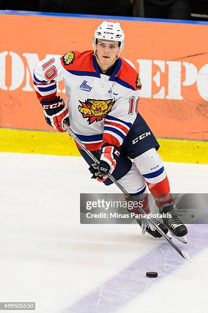 Will Smith of the Moncton Wildcats skates with the puck during the warmup prior to the QMJHL game against the Blainville-Boisbriand Armada at the...