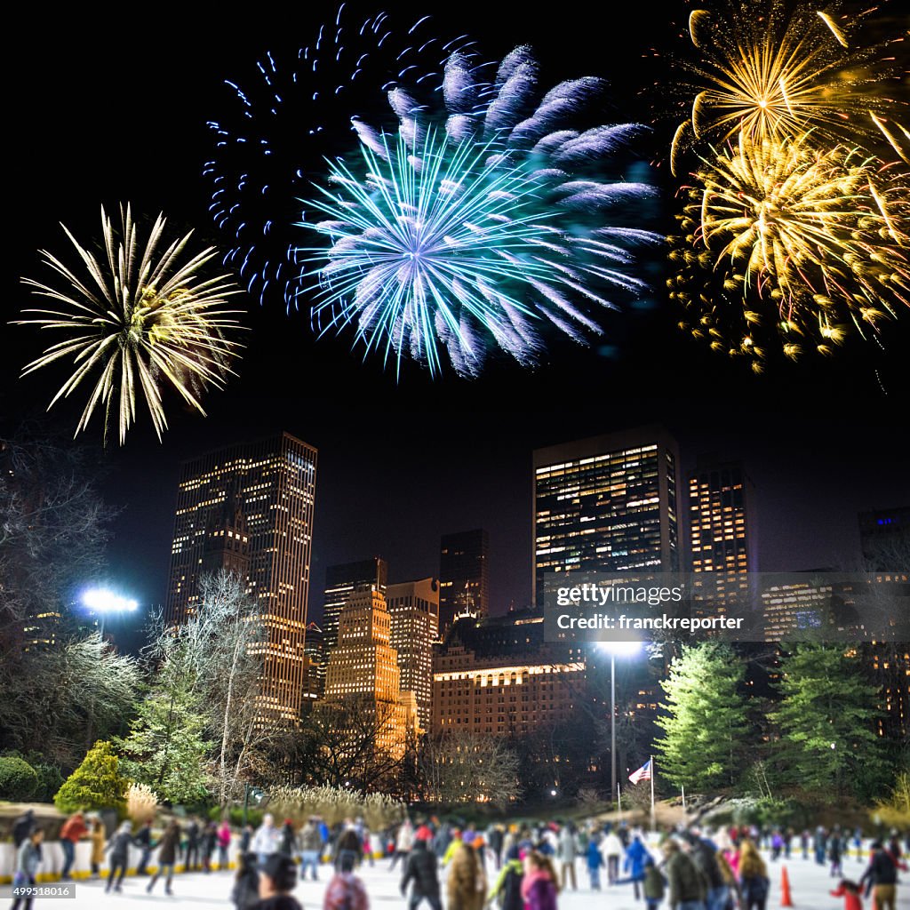 Neue Jahr central park in New York city mit Feuerwerk