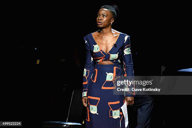 Playwright Danai Gurira speaks onstage during the ONE Campaign and s concert to mark World AIDS Day, celebrate the incredible progress thats been...