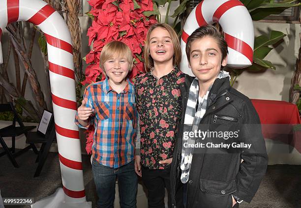 Actors Casey Simpson, Mace Coronel and Aidan Gallagher attend a screening of Nickelodeon's Ho Ho Holiday Special at Paramount Studios on December 1,...