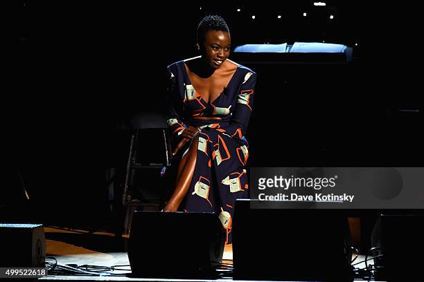 Playwright Danai Gurira speaks onstage during the ONE Campaign and s concert to mark World AIDS Day, celebrate the incredible progress thats been...