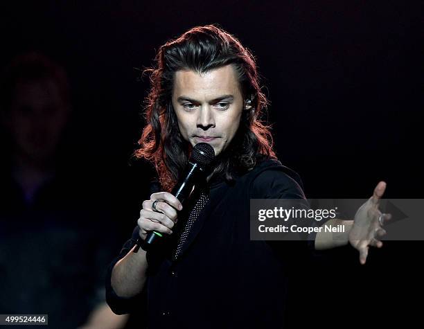 Singer Harry Styles of One Direction performs onstage during 106.1 KISS FM's Jingle Ball 2015 presented by Capital One at American Airlines Center on...