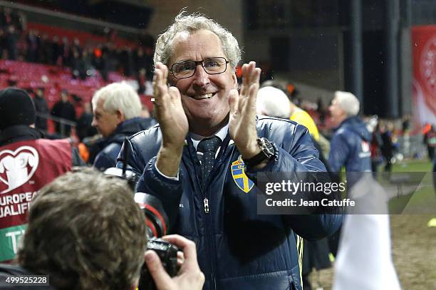 Coach of Sweden Erik Hamren celebrates the qualification for the EURO 2016 in France following the UEFA EURO 2016 qualifier play-off second leg match...