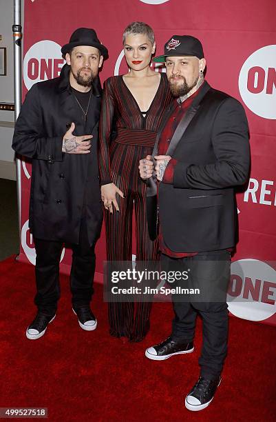 Musician Joel Madden, singer/songwriter Jessie J and musician Benji Madden attend the ONE And 's "It Always Seems Impossible Until It Is Done" at...