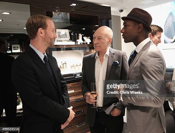Actor Patrick Stewart and recording artist Aloe Blacc attend IWC Schaffhausen Rodeo Drive Flagship Boutique Opening on December 1, 2015 in Beverly...