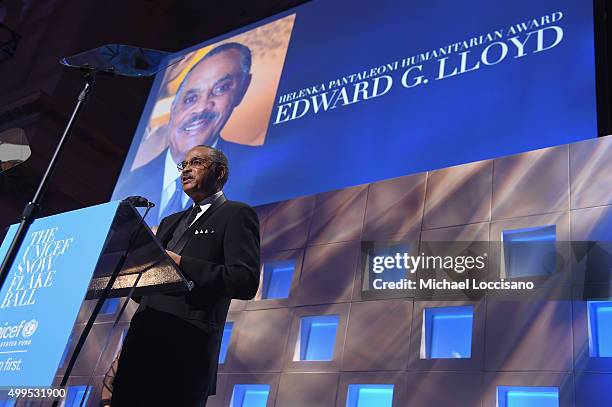 Fund for UNICEF and Honoree: Helenka Pantaleoni Humanitarian Award, Edward G. Lloyd speaks on stage at 11th Annual UNICEF Snowflake Ball Honoring...