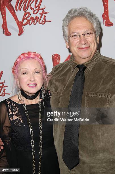 Cyndi Lauper and Harvey Fierstein attend the Opening Night Press Reception for Wayne Brady opening in 'Kinky Boots' at the Paramount Bar and Grill on...