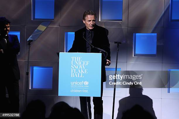 Presenter of Audrey Hepburn Award, UNICEF Goodwill Ambassador Liam Neeson speaks on stage at 11th Annual UNICEF Snowflake Ball Honoring Orlando...