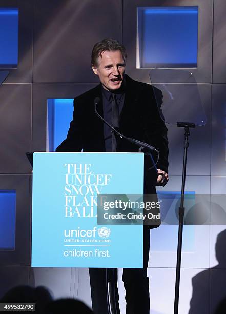 Presenter of Audrey Hepburn Award, UNICEF Goodwill Ambassador Liam Neeson speaks on stage at 11th Annual UNICEF Snowflake Ball Honoring Orlando...