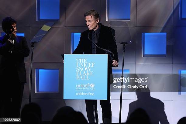 Presenter of Audrey Hepburn Award, UNICEF Goodwill Ambassador Liam Neeson speaks on stage at 11th Annual UNICEF Snowflake Ball Honoring Orlando...