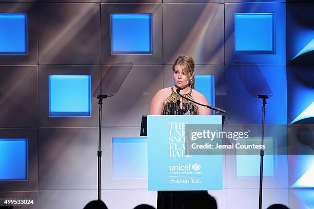 Presenter Spirit of Compassion, Daughter of Mindy Grossman Lizzy Grossman speaks on stage at the 11th Annual UNICEF Snowflake Ball Honoring Orlando...