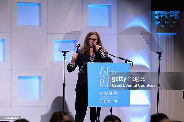 Auctioneer CK Swett speaks on stage at the 11th Annual UNICEF Snowflake Ball Honoring Orlando Bloom, Mindy Grossman And Edward G. Lloyd at Cipriani,...