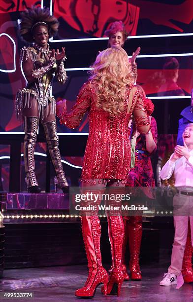 Wayne Brady with the cast during his opening night curtain call bows in 'Kinky Boots' at the Hirschfeld Theatre on December 1, 2015 in New York City.