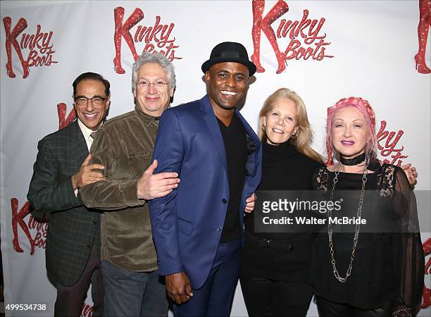 Hal Luftig, Harvey Fierstein, Wayne Brady, Daryl Roth and Cyndi Lauper attend the opening night press reception for Wayne Brady opening in 'Kinky...